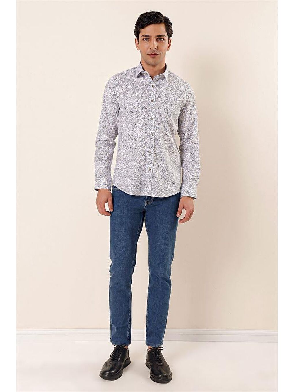 Mavi Uzun Kollu Baskılı Sert Yaka Cepsiz Pamuklu Elastanlı Casual Slim Fit Gömlek 1004230135-1