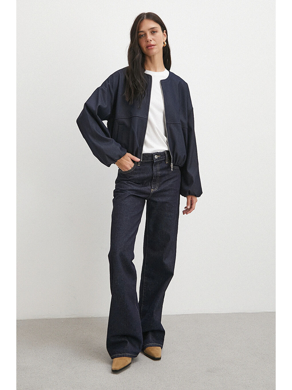 Beli Lastikli Fermuarlı Denim Görünümlü Bomber Ceket Lacivert-1