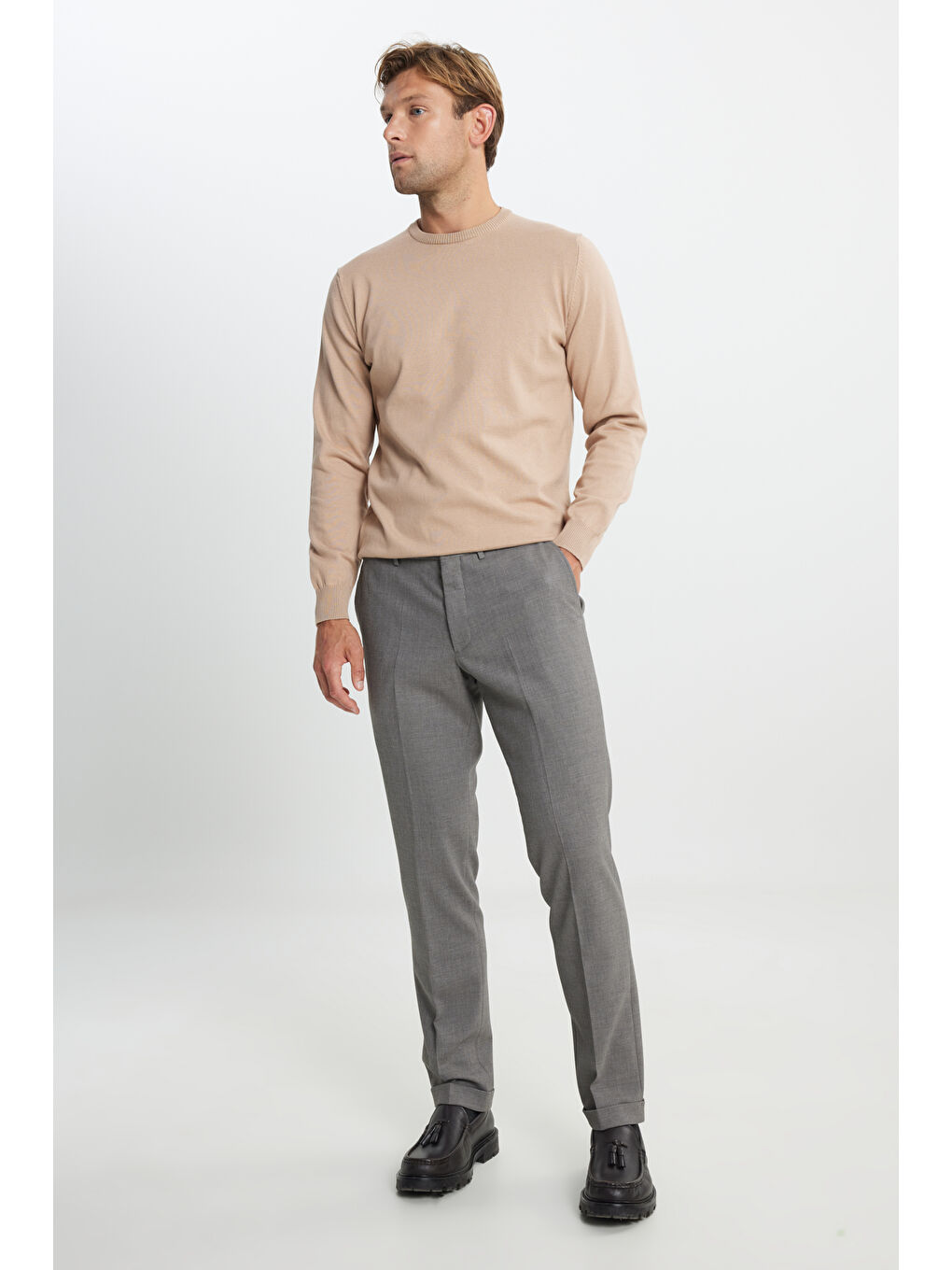 Erkek Kahverengi Slim Fit Dar Kesim Beli Lastikli Yan Cepli Desenli Klasik Pantolon-3