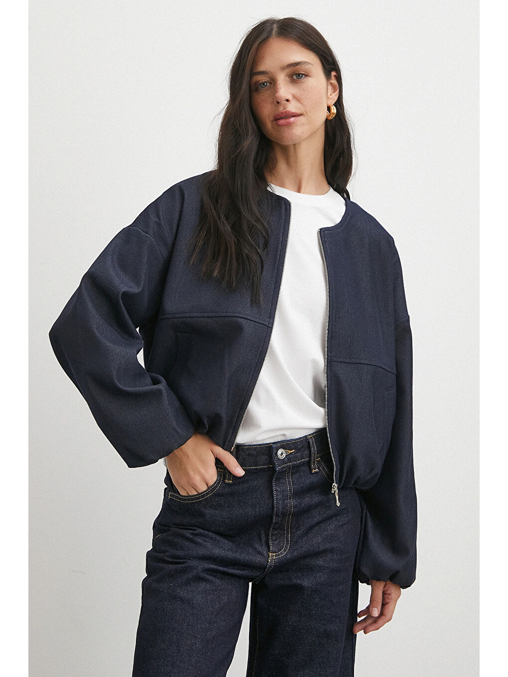 Beli Lastikli Fermuarlı Denim Görünümlü Bomber Ceket Lacivert-2