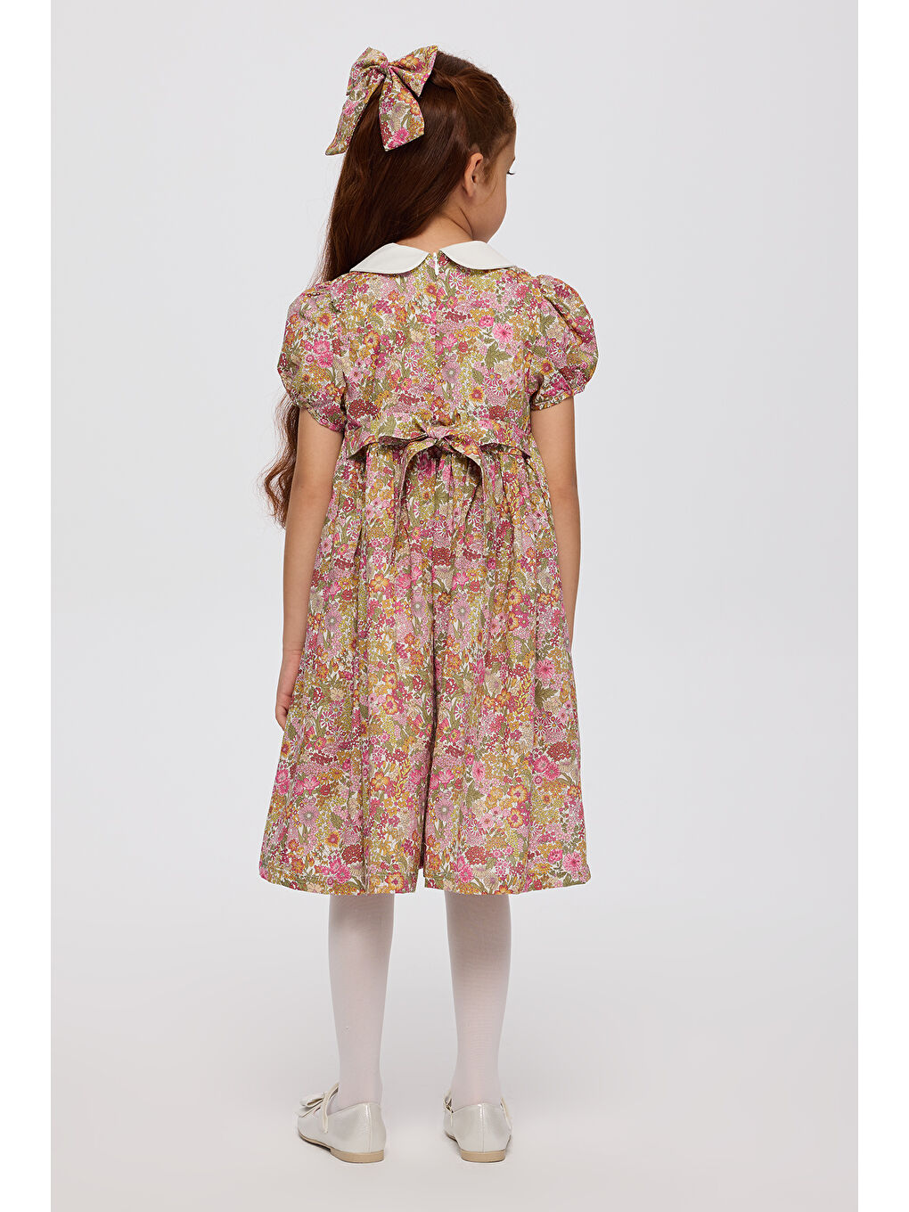 Pembe Liberty Kumaş Çiçek Desenli Kız Çocuk Elbise-7