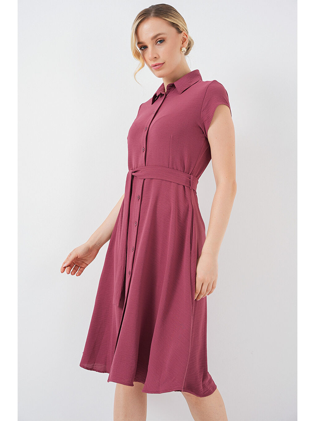 Pembe 1677 Boydan Düğmeli Kuşaklı Elbise - Gül Kurusu-3