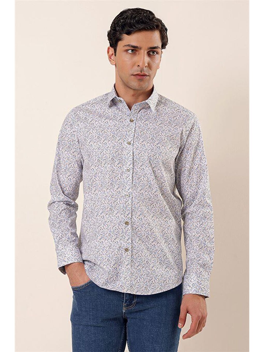 Mavi Uzun Kollu Baskılı Sert Yaka Cepsiz Pamuklu Elastanlı Casual Slim Fit Gömlek 1004230135-2