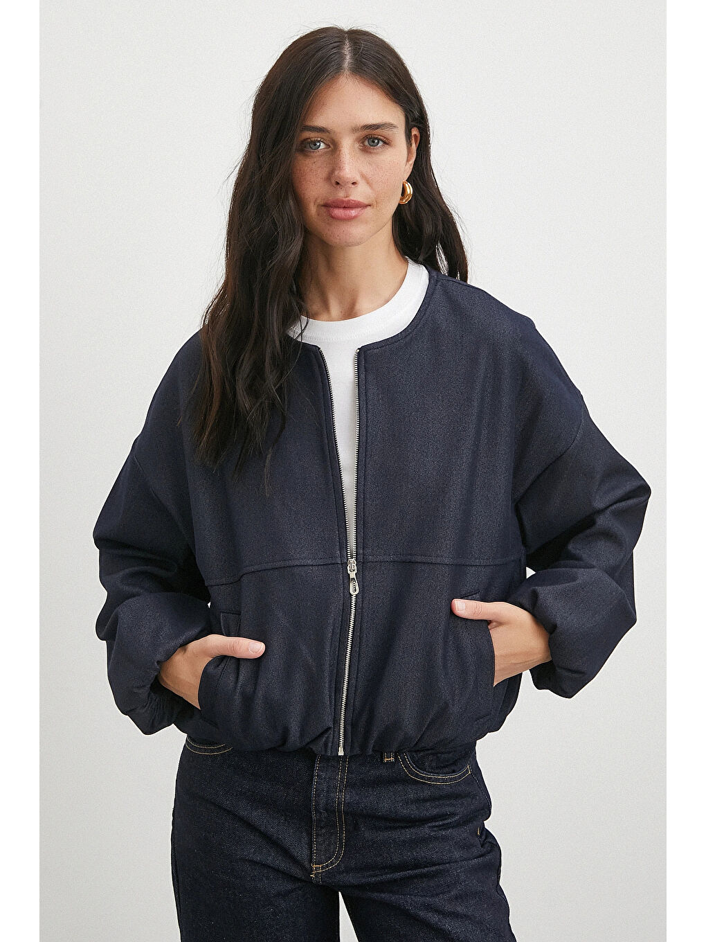 Beli Lastikli Fermuarlı Denim Görünümlü Bomber Ceket Lacivert-3