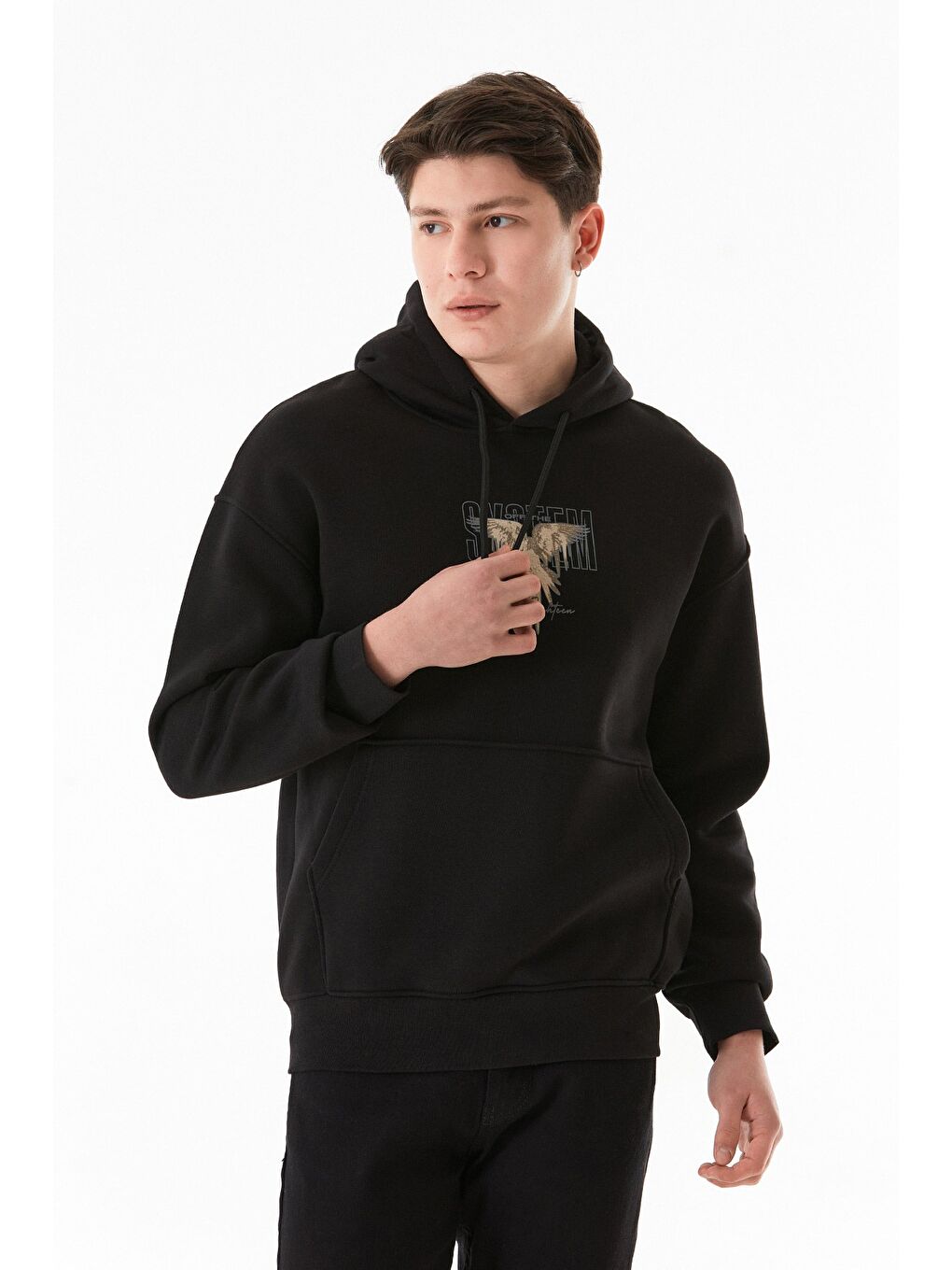 Fullamoda Siyah 3 İplik Yazı Ve Kuş Baskılı Kapüşonlu Sweatshirt