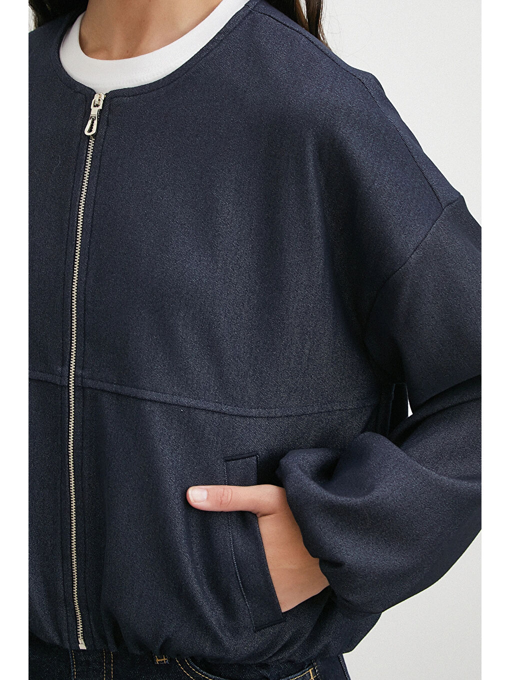 Beli Lastikli Fermuarlı Denim Görünümlü Bomber Ceket Lacivert-4