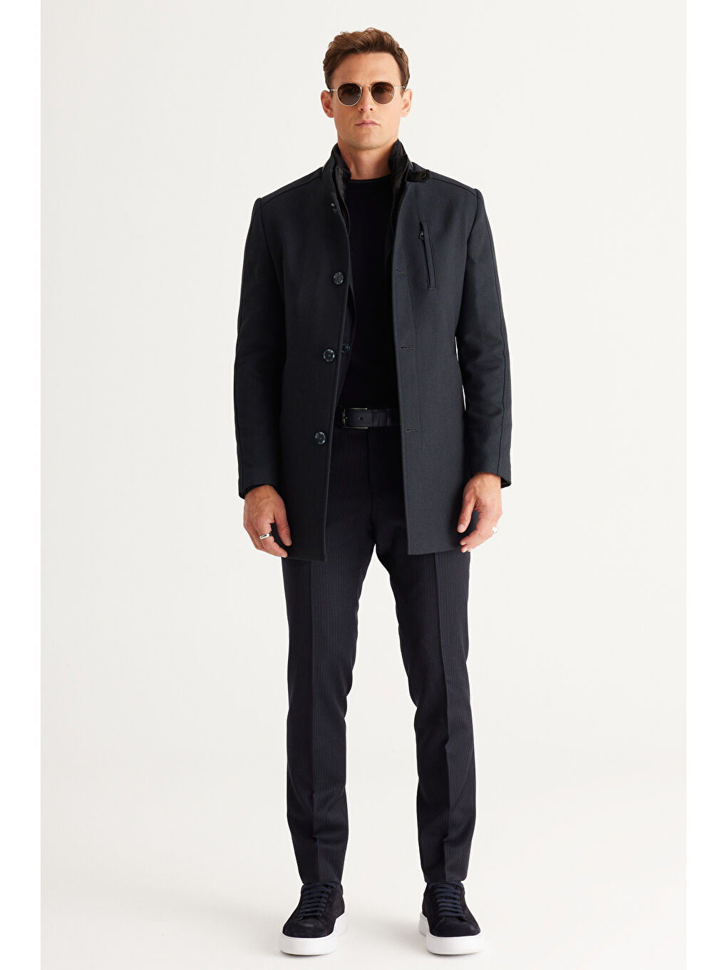 Erkek Koyu Lacivert Slim Fit Dar Kesim Kırlangıç Yaka %100 Yün Çizgili Takım Elbise-6