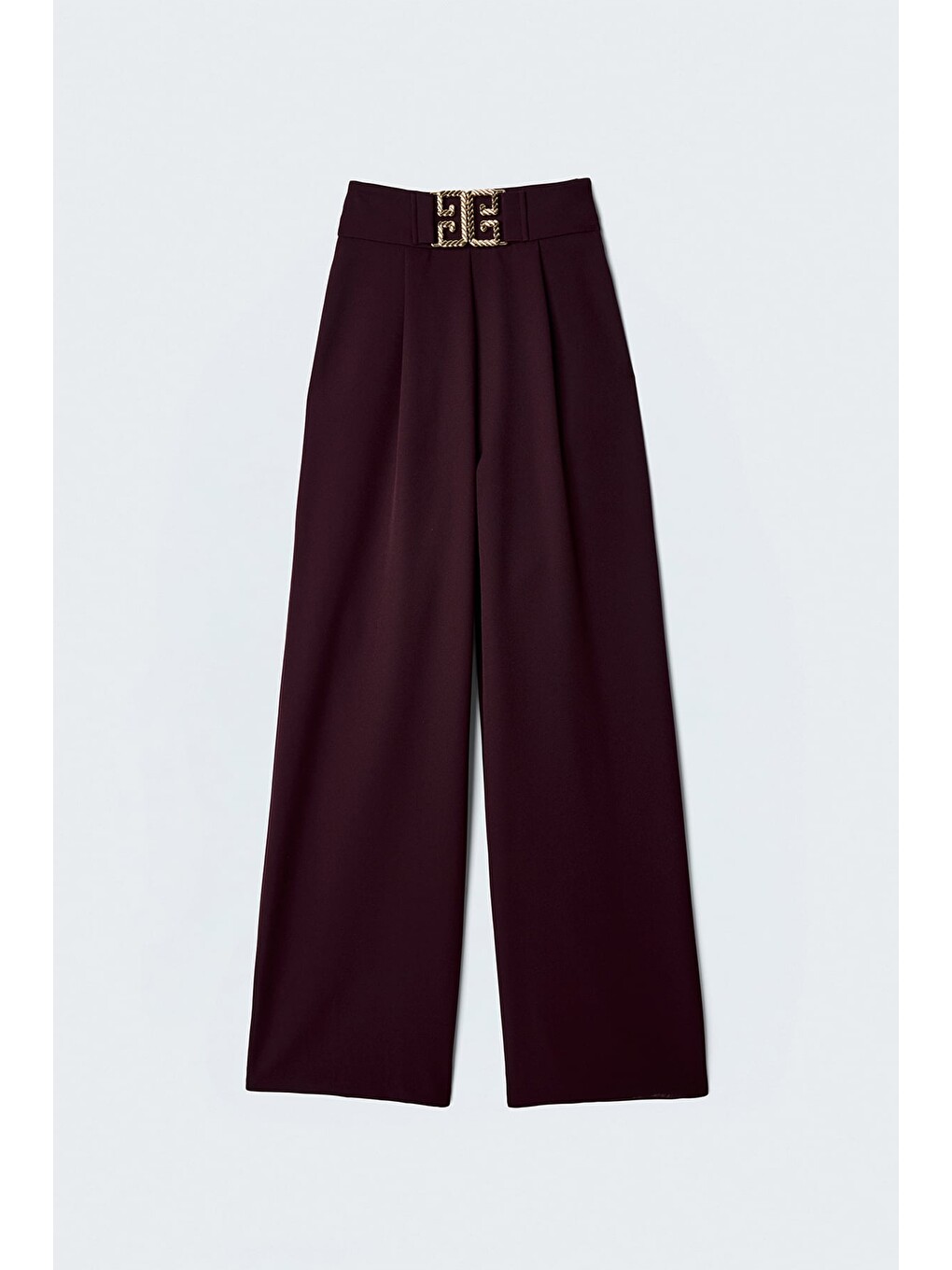 Bel Aksesuarlı Bol Paça Pantolon - Mürdüm-1