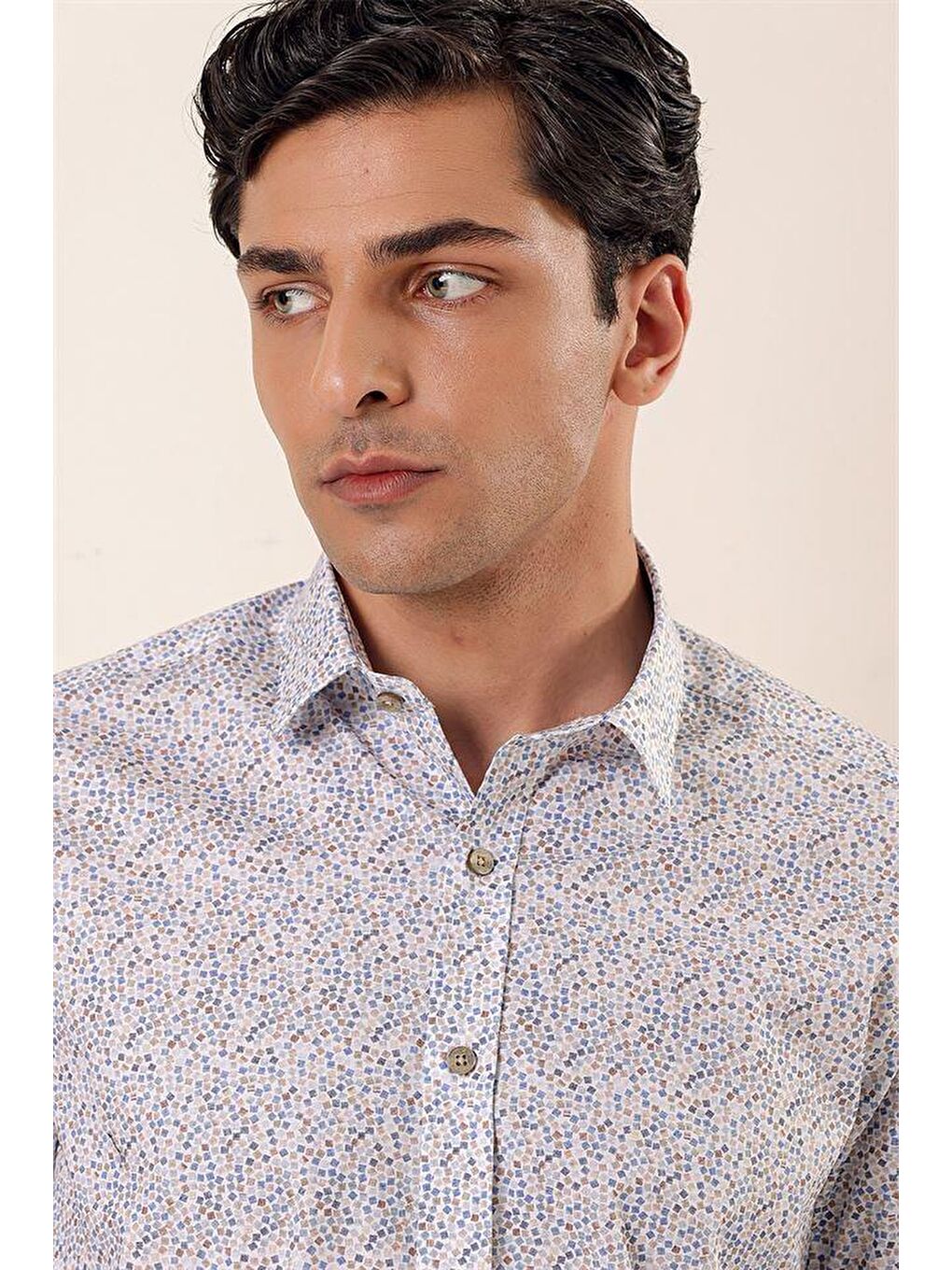 Mavi Uzun Kollu Baskılı Sert Yaka Cepsiz Pamuklu Elastanlı Casual Slim Fit Gömlek 1004230135-3