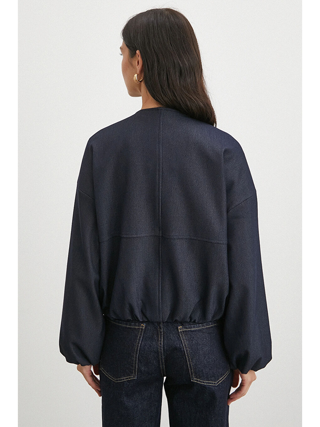 Beli Lastikli Fermuarlı Denim Görünümlü Bomber Ceket Lacivert-5