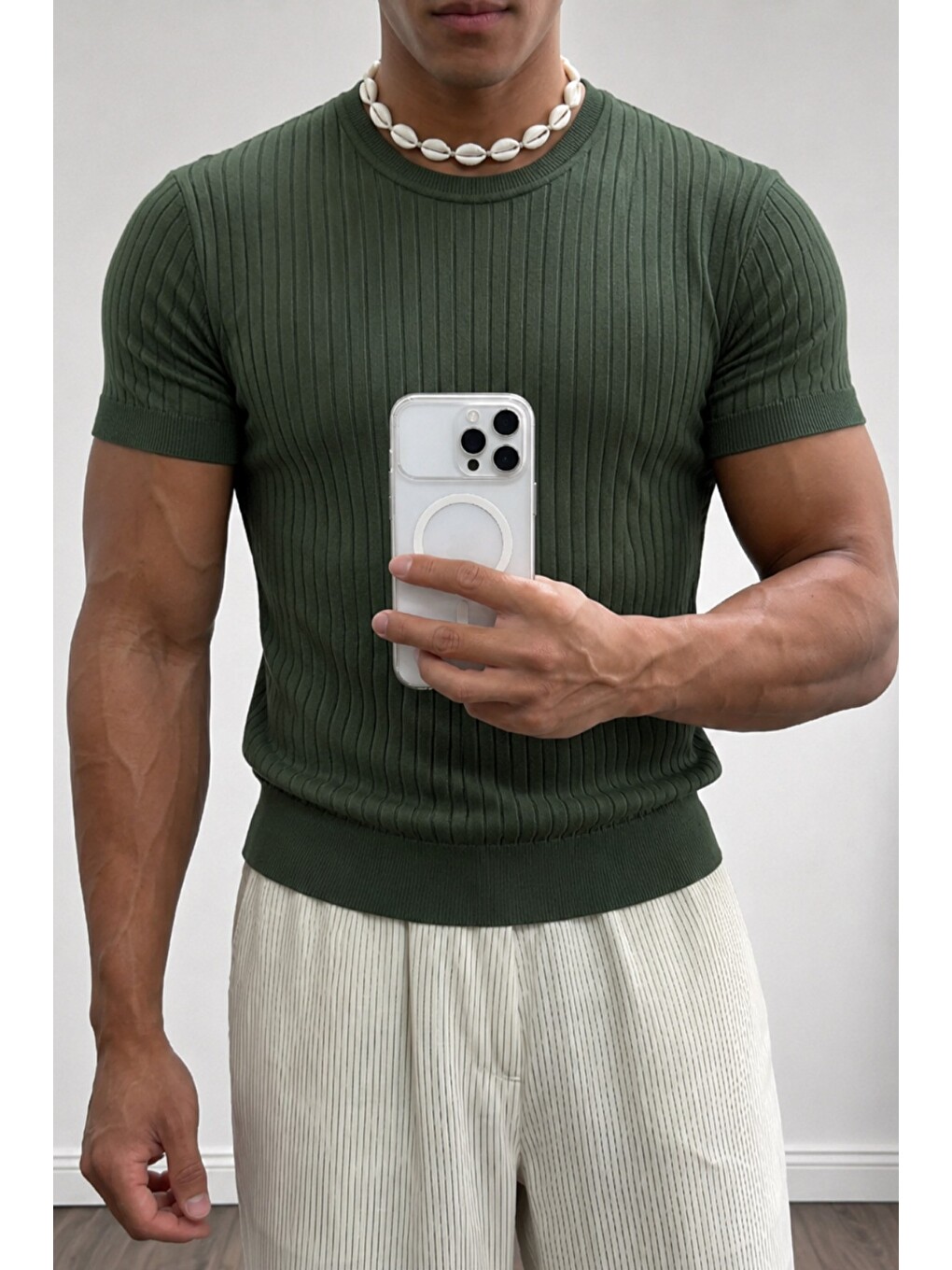 Haki Erkek Slim Fit Fitilli Triko Tişört Bisiklet Yaka Premium Pamuk Basic Yazlık T-Shirt