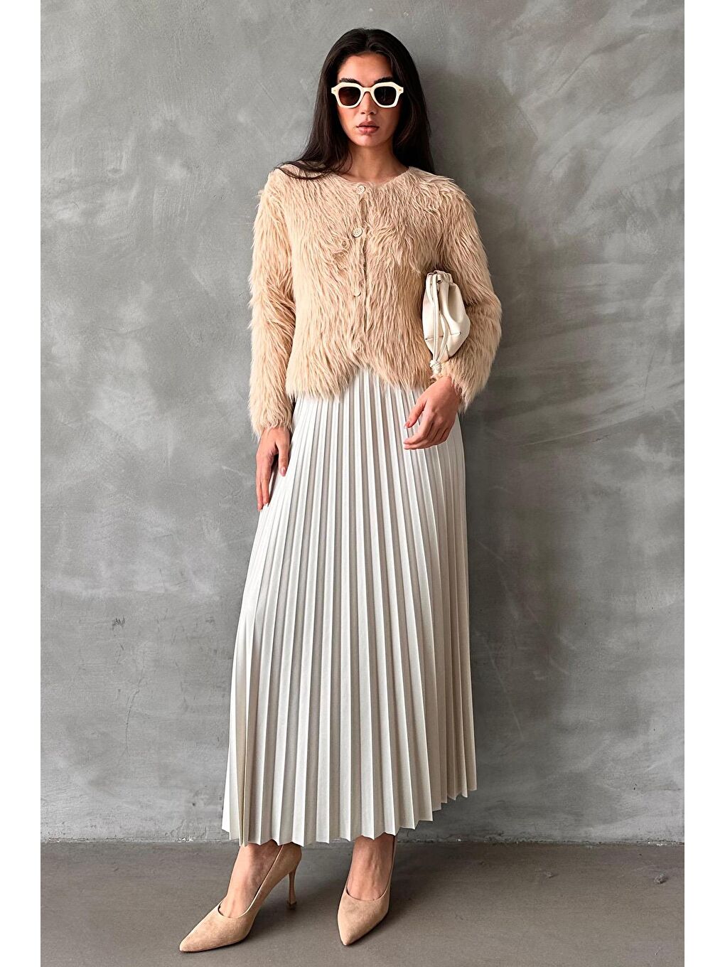 Ekru Pileli Kadın Etek Mg2318