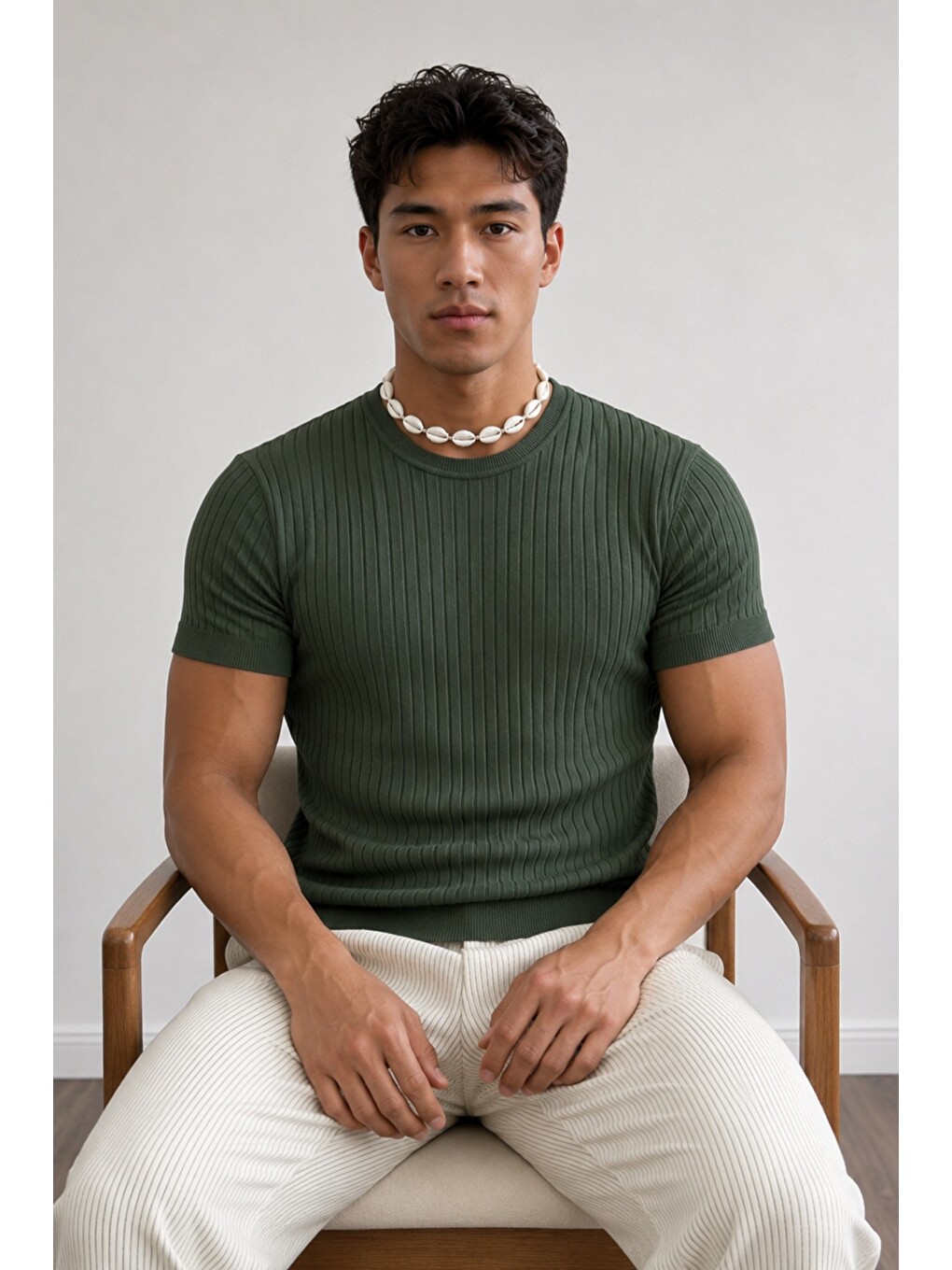 Haki Erkek Slim Fit Fitilli Triko Tişört Bisiklet Yaka Premium Pamuk Basic Yazlık T-Shirt-1