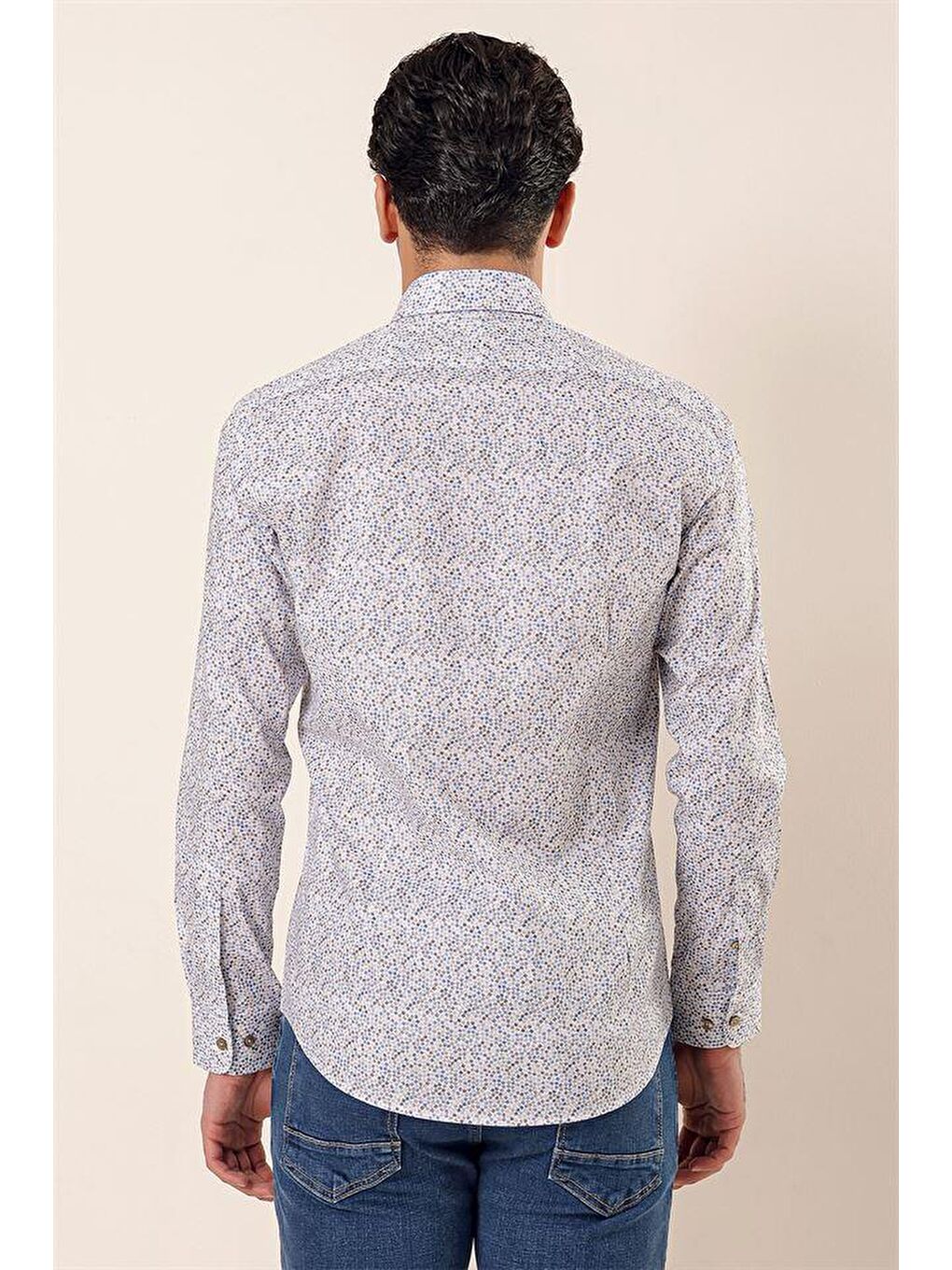 Mavi Uzun Kollu Baskılı Sert Yaka Cepsiz Pamuklu Elastanlı Casual Slim Fit Gömlek 1004230135-4