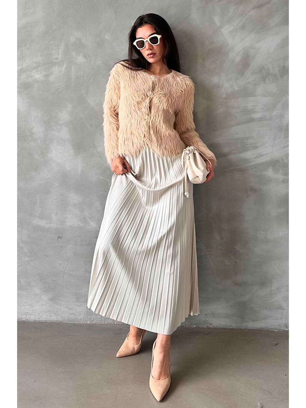 Ekru Pileli Kadın Etek Mg2318-1