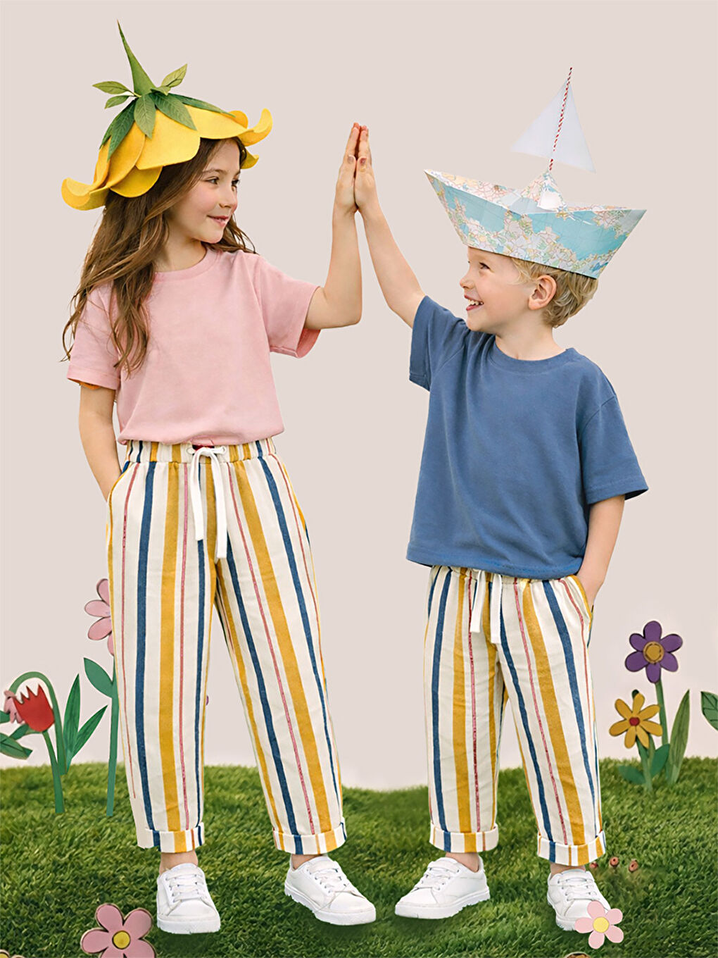 Karışık Hardal Pembe Çizgili Kız-Erkek Çocuk Pantolon