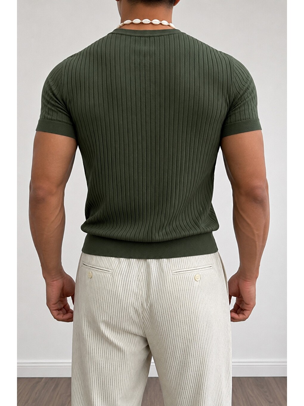 Haki Erkek Slim Fit Fitilli Triko Tişört Bisiklet Yaka Premium Pamuk Basic Yazlık T-Shirt-2