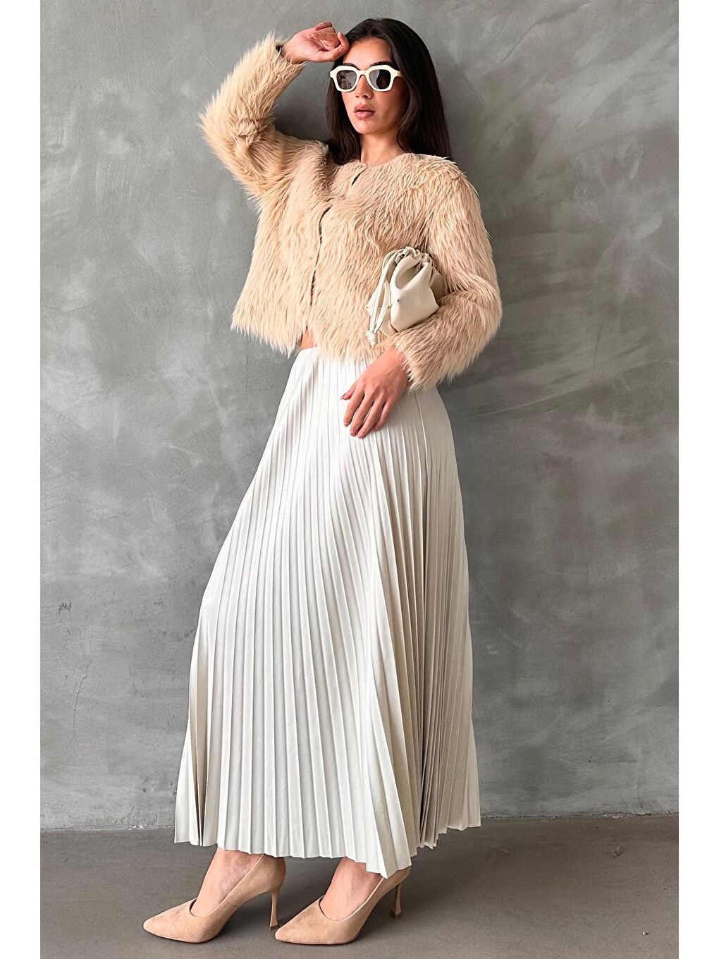 Ekru Pileli Kadın Etek Mg2318-2