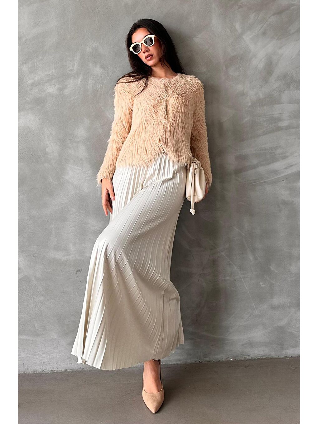 Ekru Pileli Kadın Etek Mg2318-3