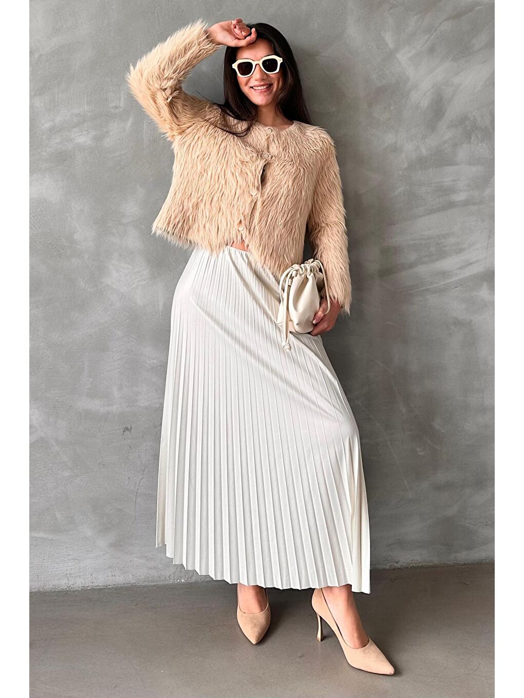 Ekru Pileli Kadın Etek Mg2318-4