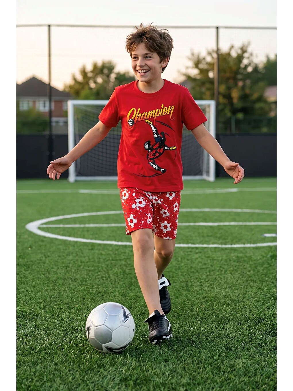 Kırmızı Erkek Çocuk Champion Futbol Baskılı Şort Alt - Üst Takım-3
