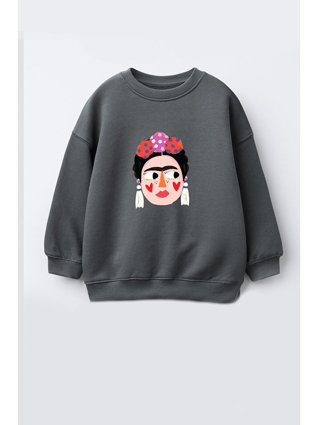 Antrasit Kız Çocuk 3 İplik Kumaş Pamuklu Frida Baskılı Sweatshirt