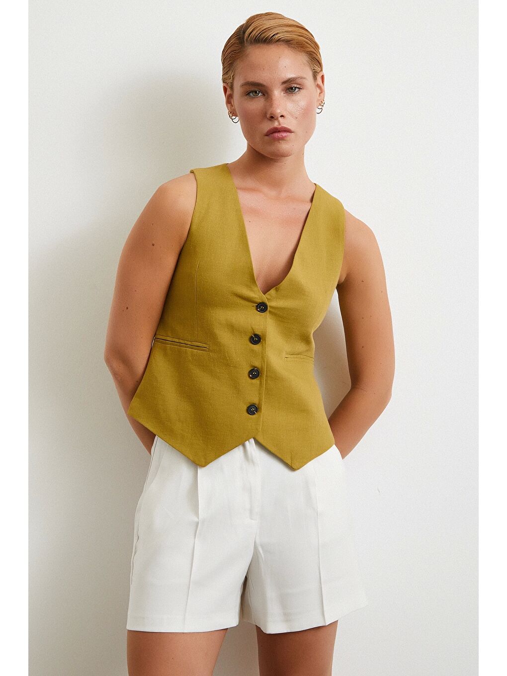 Piliseli Cepli Şort Ekru-1