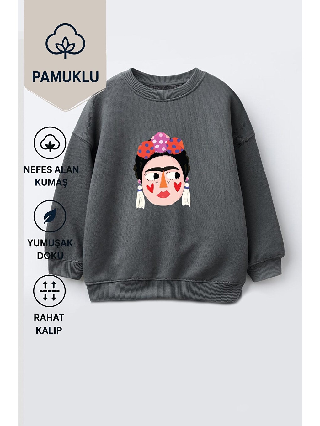 Antrasit Kız Çocuk 3 İplik Kumaş Pamuklu Frida Baskılı Sweatshirt-1