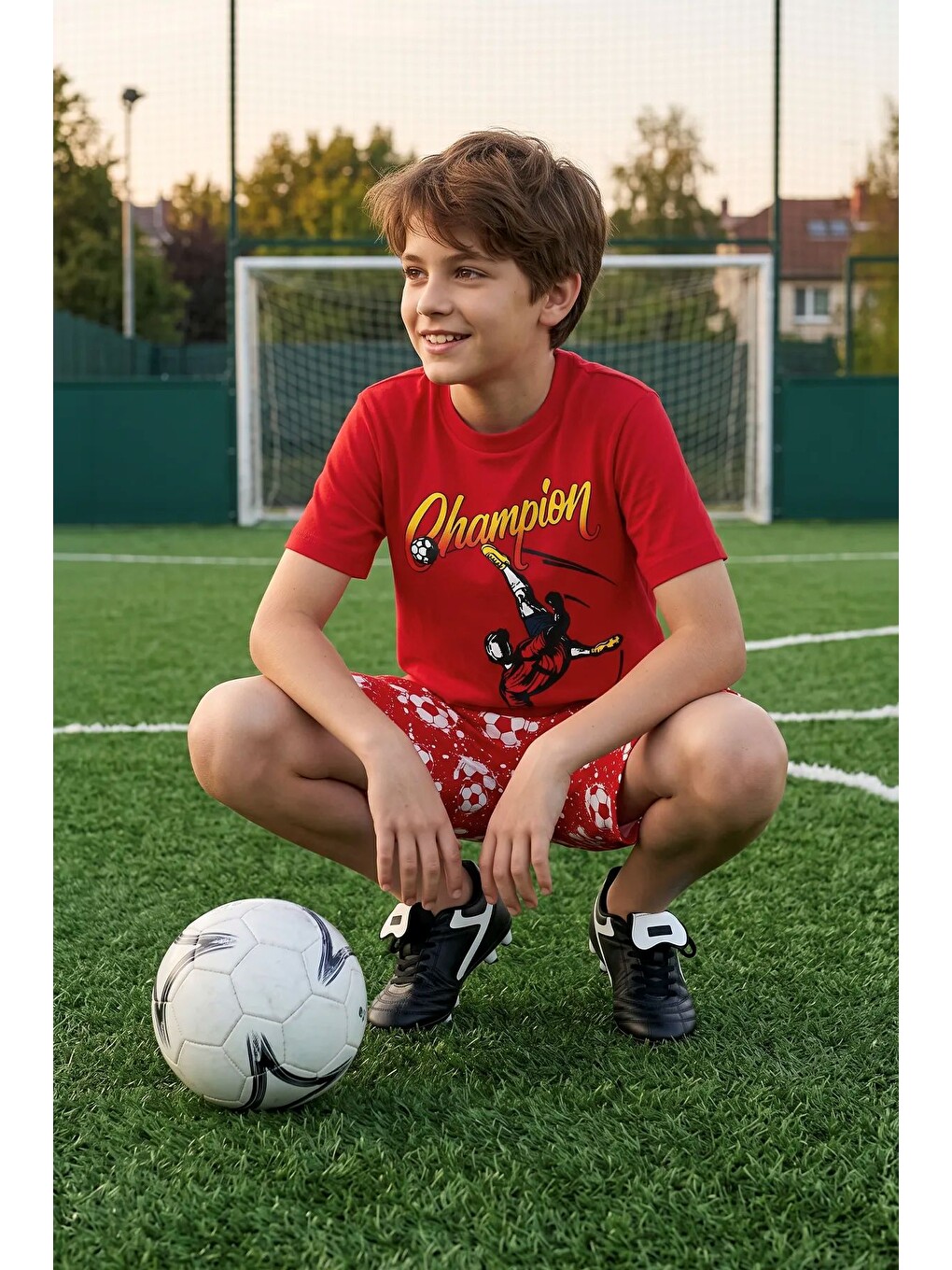 Kırmızı Erkek Çocuk Champion Futbol Baskılı Şort Alt - Üst Takım-6