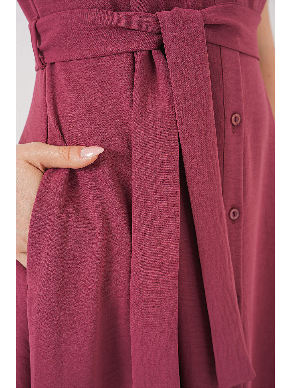 Pembe 1677 Boydan Düğmeli Kuşaklı Elbise - Gül Kurusu-4