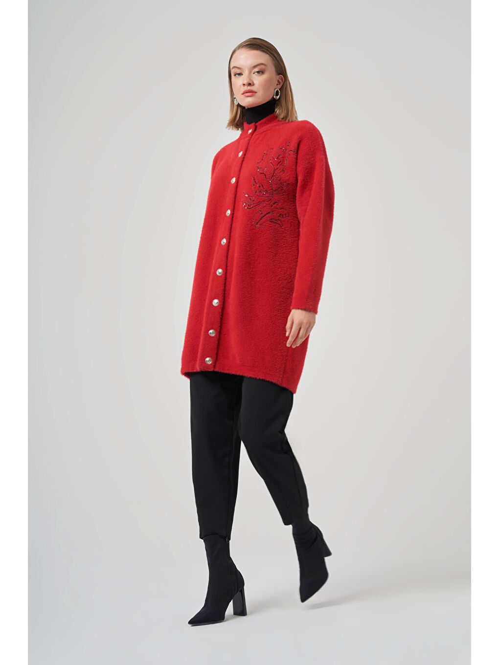 Nakış İşleme Detay Hırka 7007 Kırmızı-3