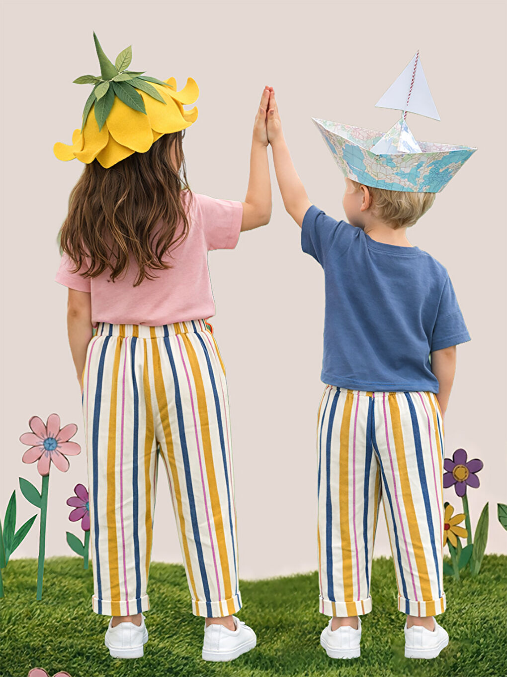 Karışık Hardal Pembe Çizgili Kız-Erkek Çocuk Pantolon-1