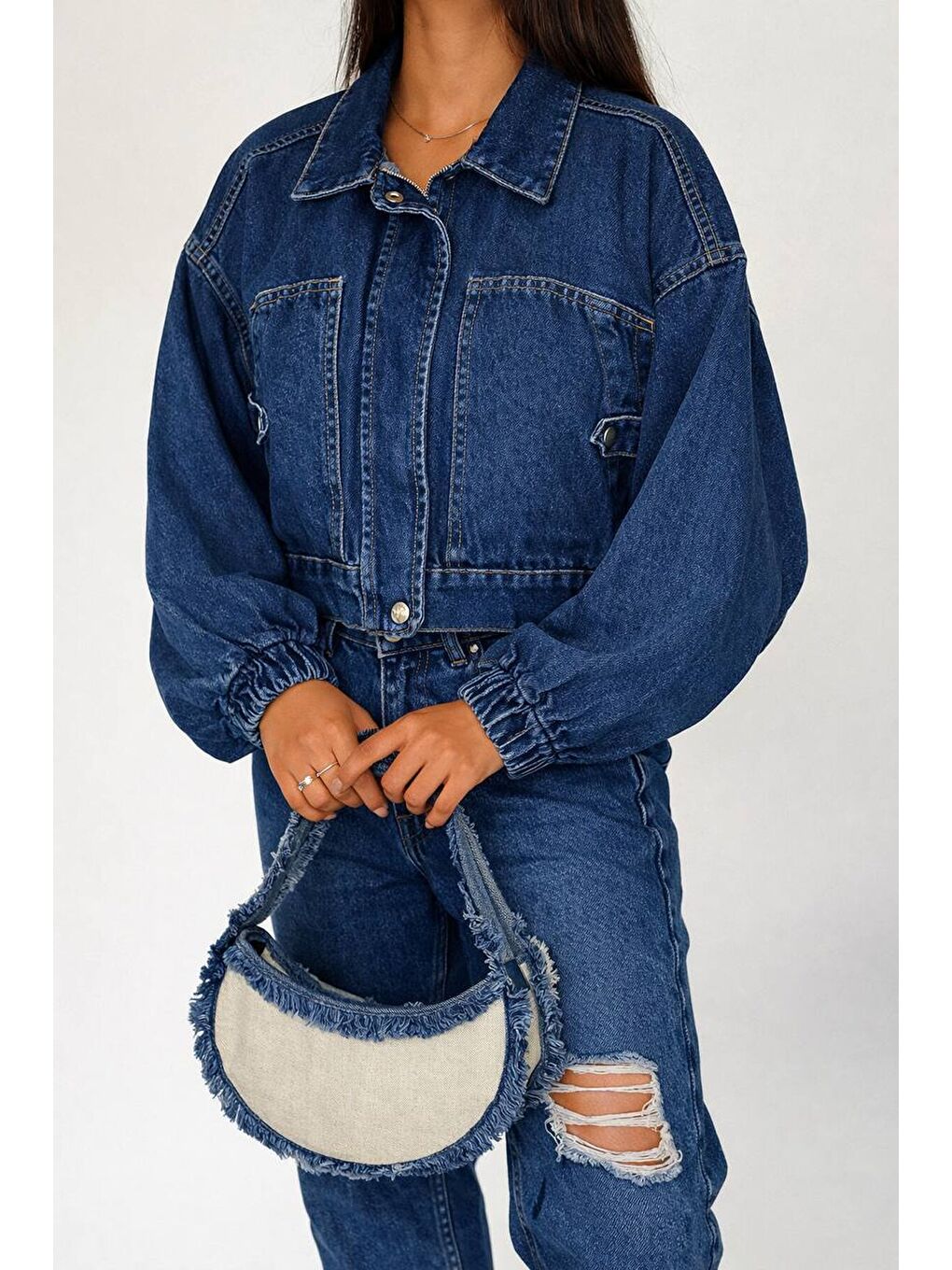 Lacivert Oversize Lastik Manşetli Denim Ceket – Koyu Mavi
