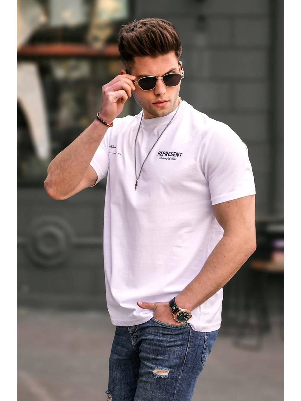 Erkek Baskılı Beyaz Tişört 5805
