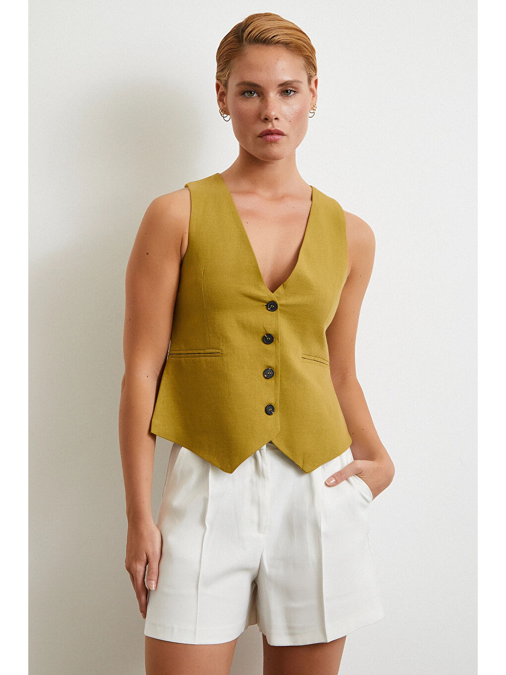 Piliseli Cepli Şort Ekru-2