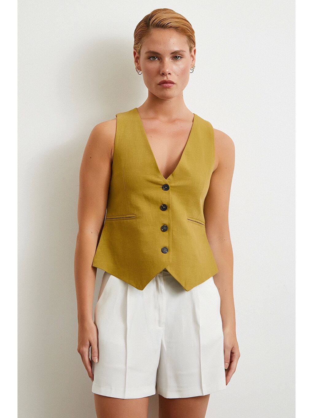 Piliseli Cepli Şort Ekru-3