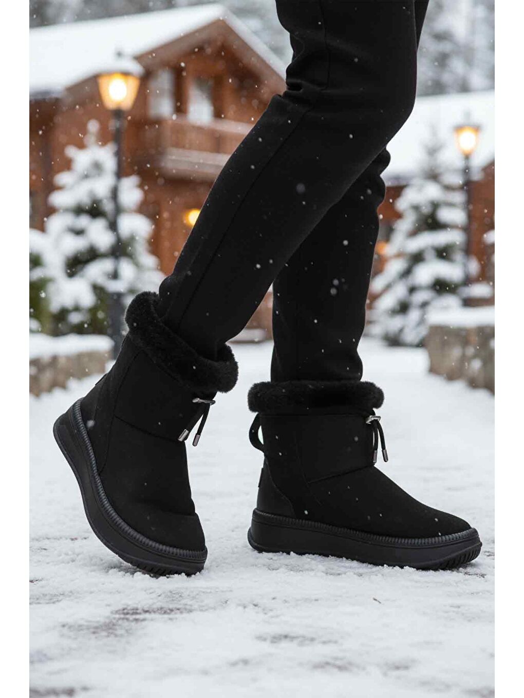 Siyah Kürklü Kaymaz Soğuğa Dirençli Kadın Bot 25003 Z-2