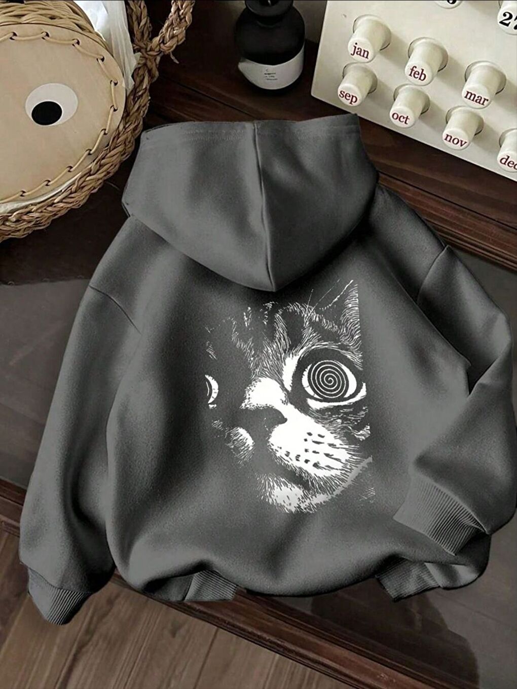 Gri Füme Shocked Baskılı Oversize Kapüşonlu Sweatshirt-1