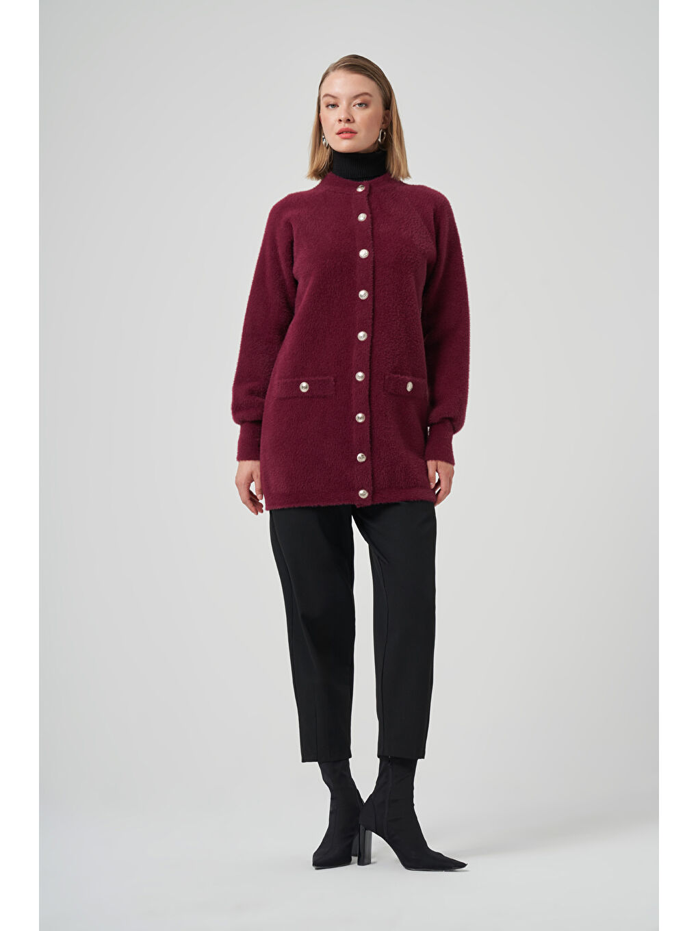 Cep Detay Angora Hırka 7008 Bordo-1