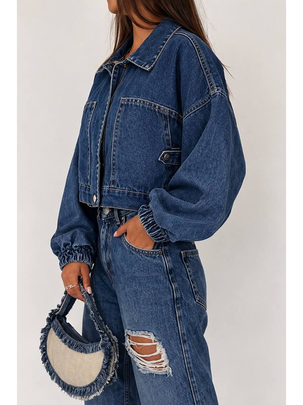 Lacivert Oversize Lastik Manşetli Denim Ceket – Koyu Mavi-1