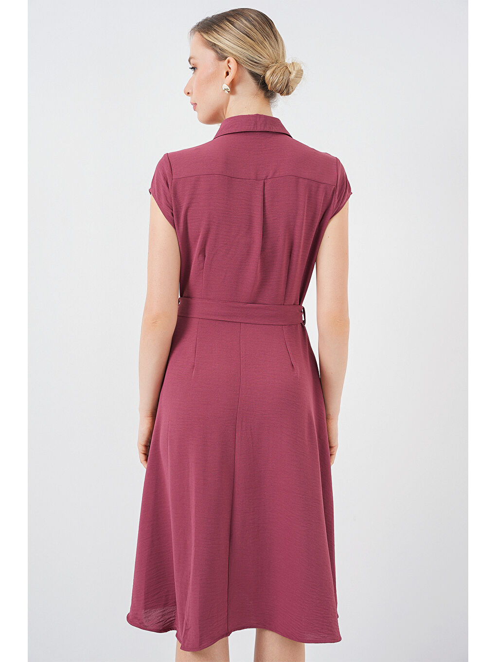 Pembe 1677 Boydan Düğmeli Kuşaklı Elbise - Gül Kurusu-5