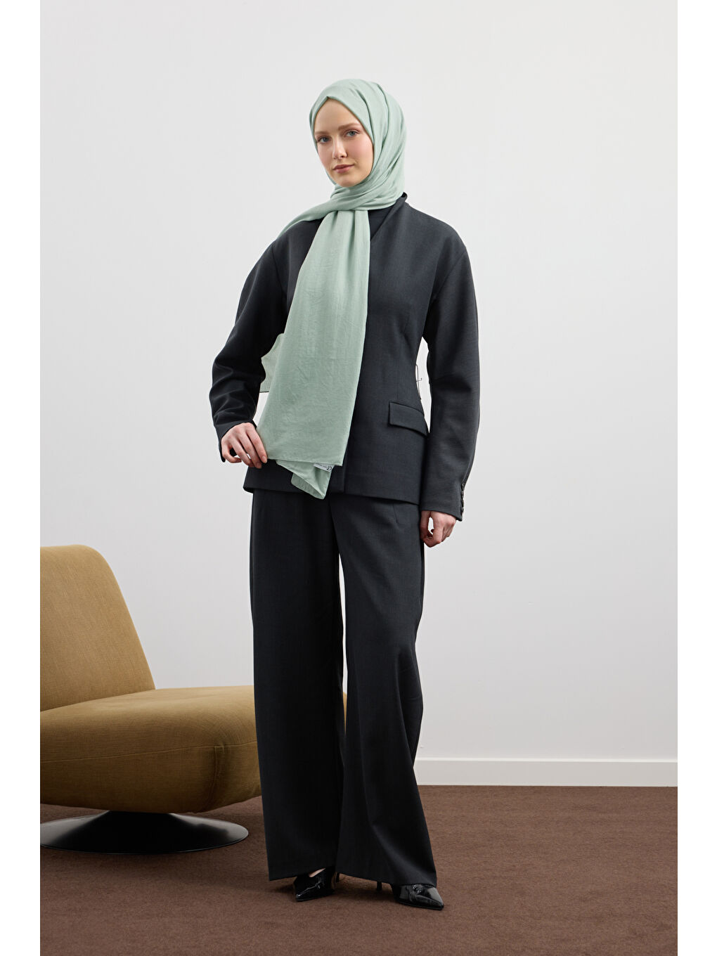 Yeşil Organik Crash Şal Mint-5