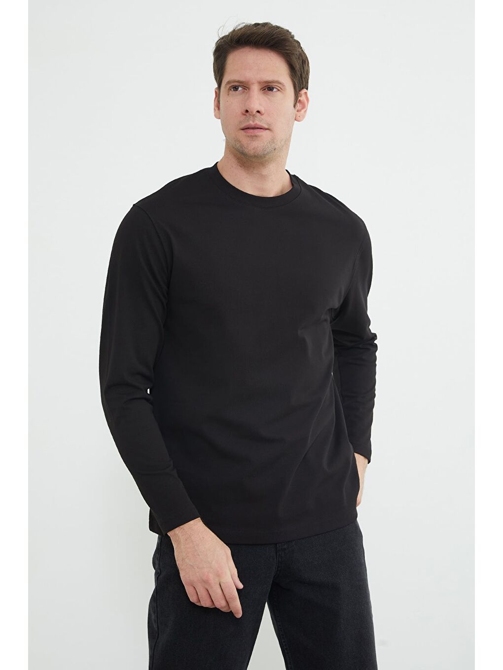 Siyah Basic Bisiklet Yaka Sweatshirt-4