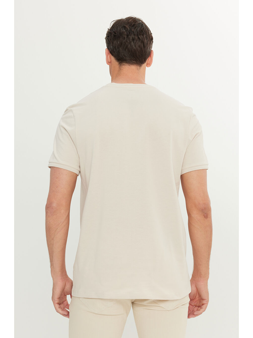 Erkek Bej %100 Pamuk Slim Fit Dar Kesim Bisiklet Yaka Tişört-4