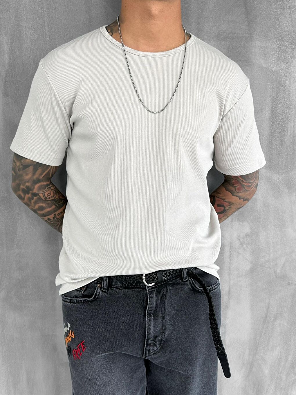 Gri Erkek Slim Fit Fitilli Basic Esnek T-Shirt Taş Rengi