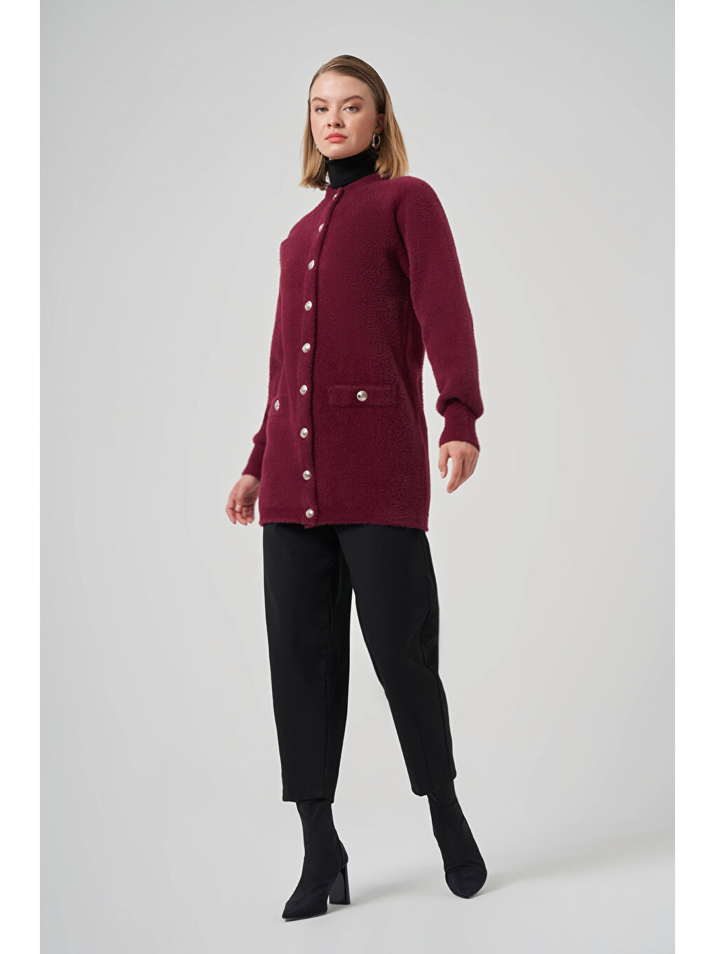 Cep Detay Angora Hırka 7008 Bordo-3