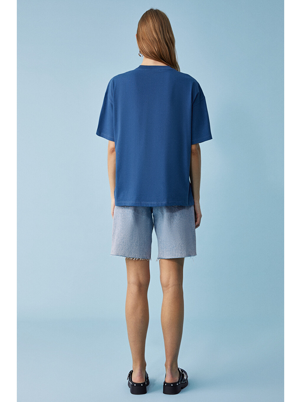 Lacivert Jemmy Kadın %100 Organik Pamuk Relaxed Fit Yırtmaçlı Yuvarlak Yakalı LACİVERT T-Shirt-5