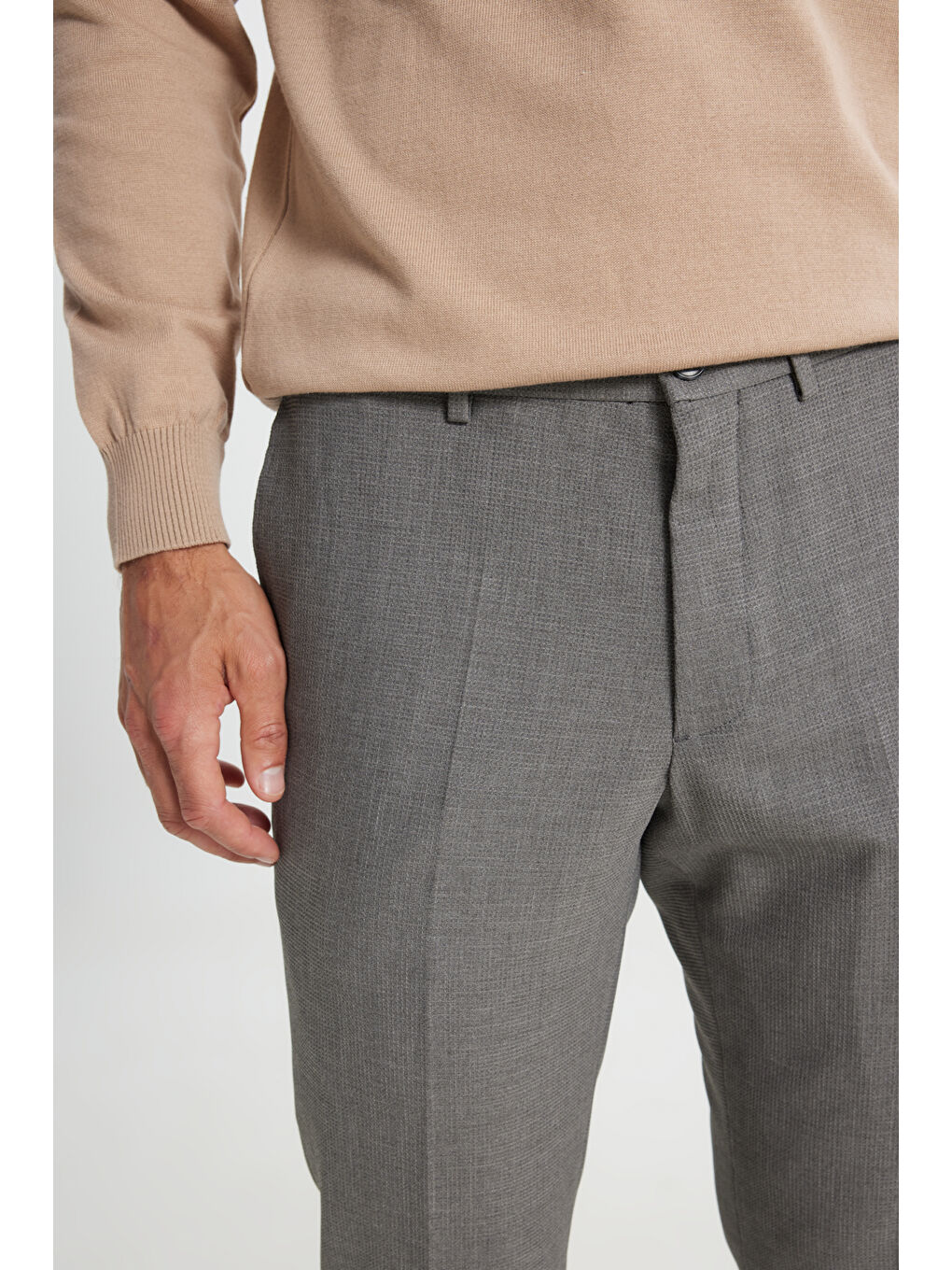 Erkek Kahverengi Slim Fit Dar Kesim Beli Lastikli Yan Cepli Desenli Klasik Pantolon-5