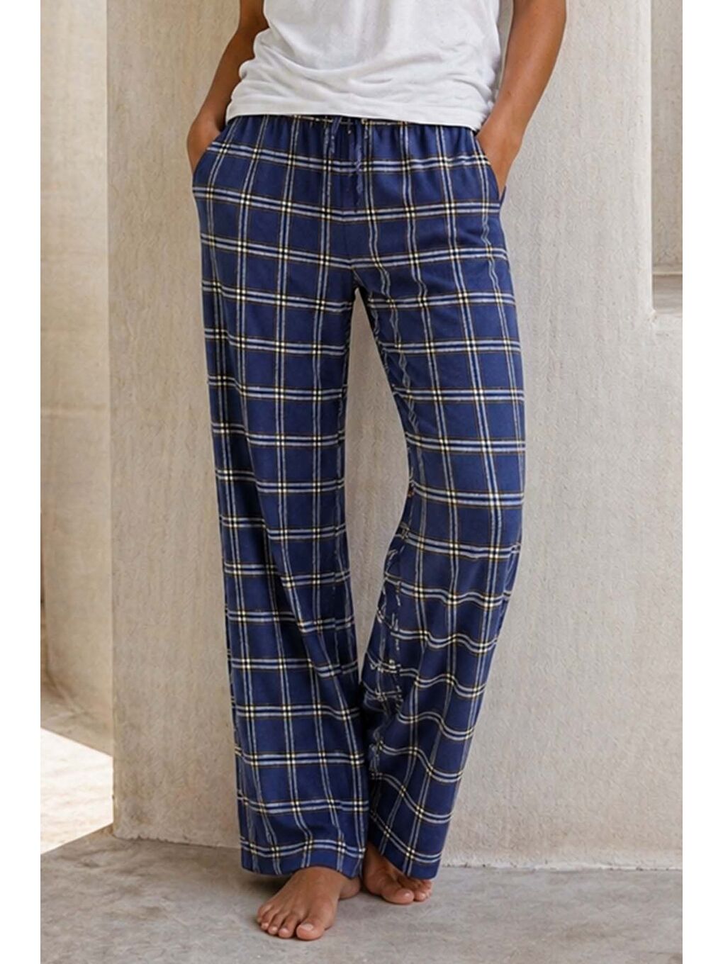 Büyük Beden Kadın Ekose Viskon Kumaş Penye Battal Tek Pijama Alt 21 Lacivert02-1