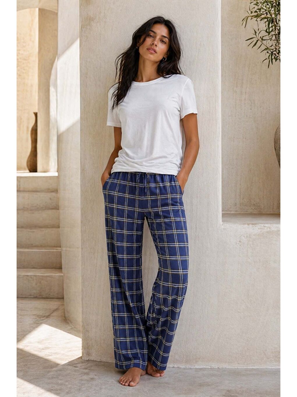 Büyük Beden Kadın Ekose Viskon Kumaş Penye Battal Tek Pijama Alt 21 Lacivert02-3